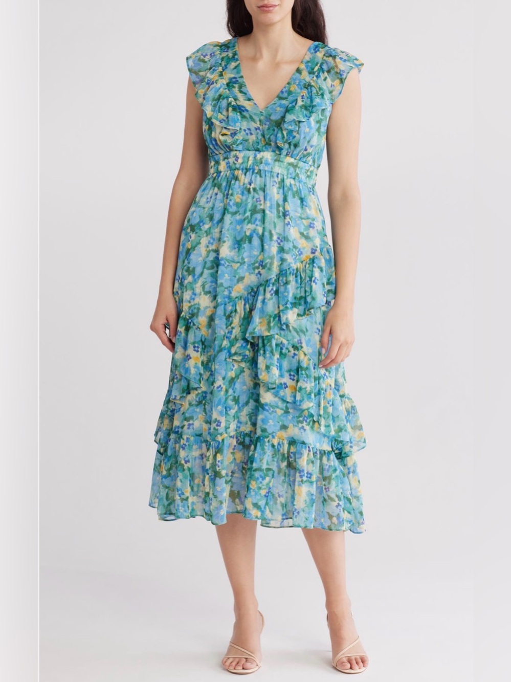LIKE NEW Melloday Blue Floral Flutter Sleeve tiered Midi Dress